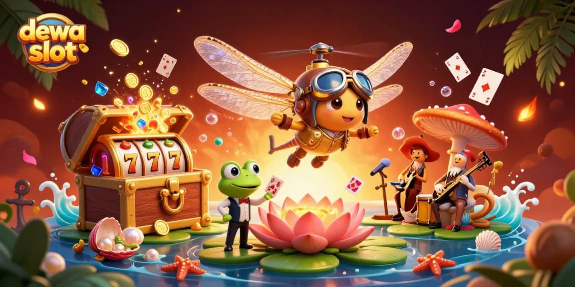 Experience the excitement of dewa slot with a lively 3D casino scene featuring a dragonfly pilot!