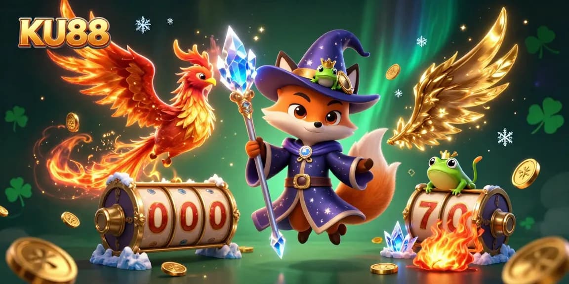 Experience the excitement of the KU88 casino with a magical 3D illustration featuring a wizard fox, phoenix, and gold coins.