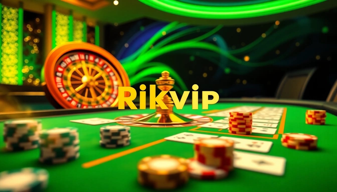 Experience the excitement of gambling at Rikvip with a vibrant casino scene featuring roulette and poker elements.