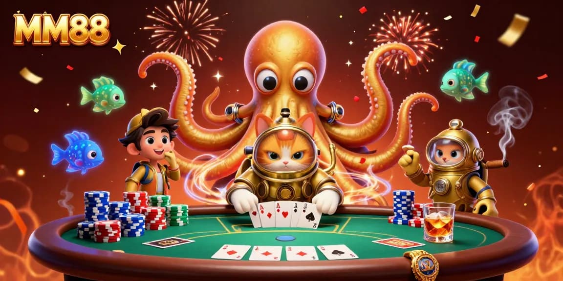 Engage with MM88's exciting gameplay depicted in a vibrant 3D scene featuring a kraken and diving cat.