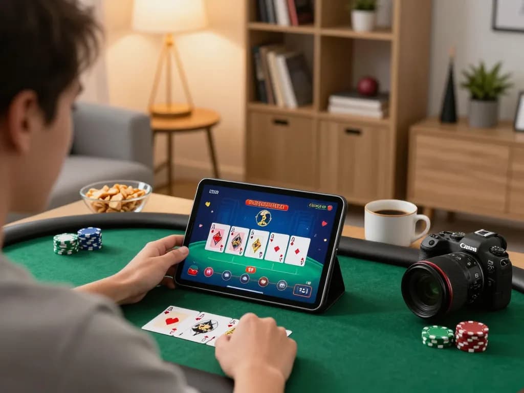 Engaging poker session on JUN88 app in cozy home setup, showcasing strategic gameplay.