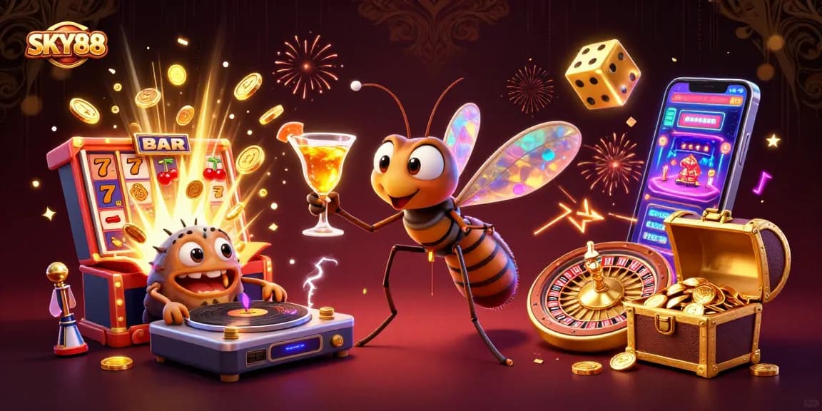 Experience thrilling gameplay with SKY88's vibrant casino illustration featuring exciting characters and games.