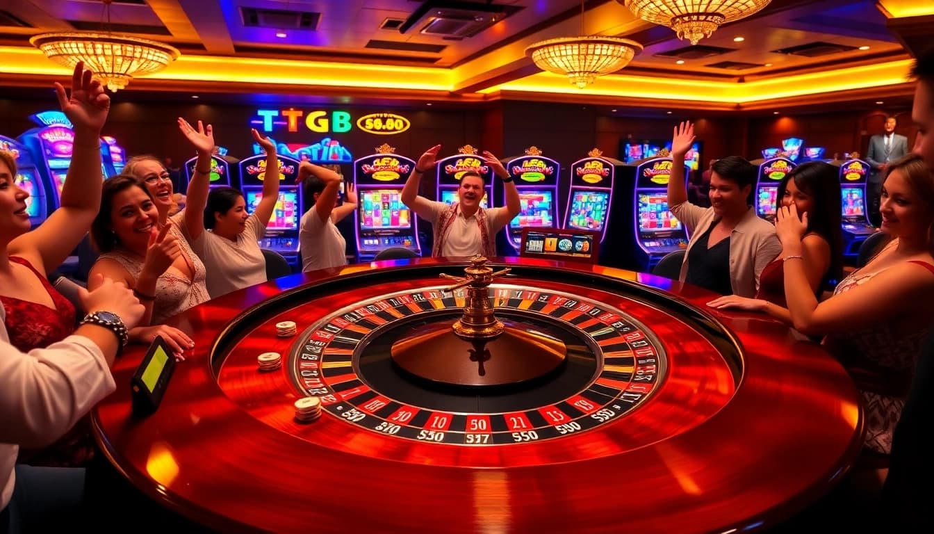 Players enjoying a TG88-themed roulette table at a luxurious casino.