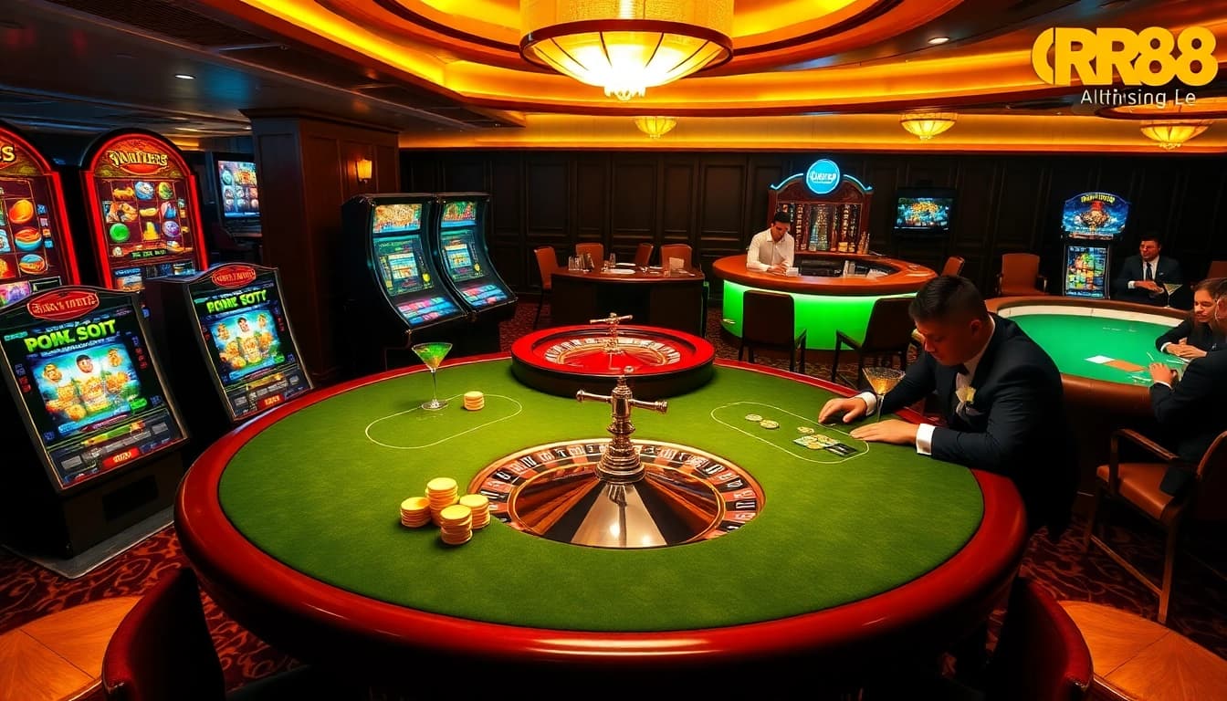 High-stakes poker at RR88 casino with luxurious ambiance and vibrant gaming elements