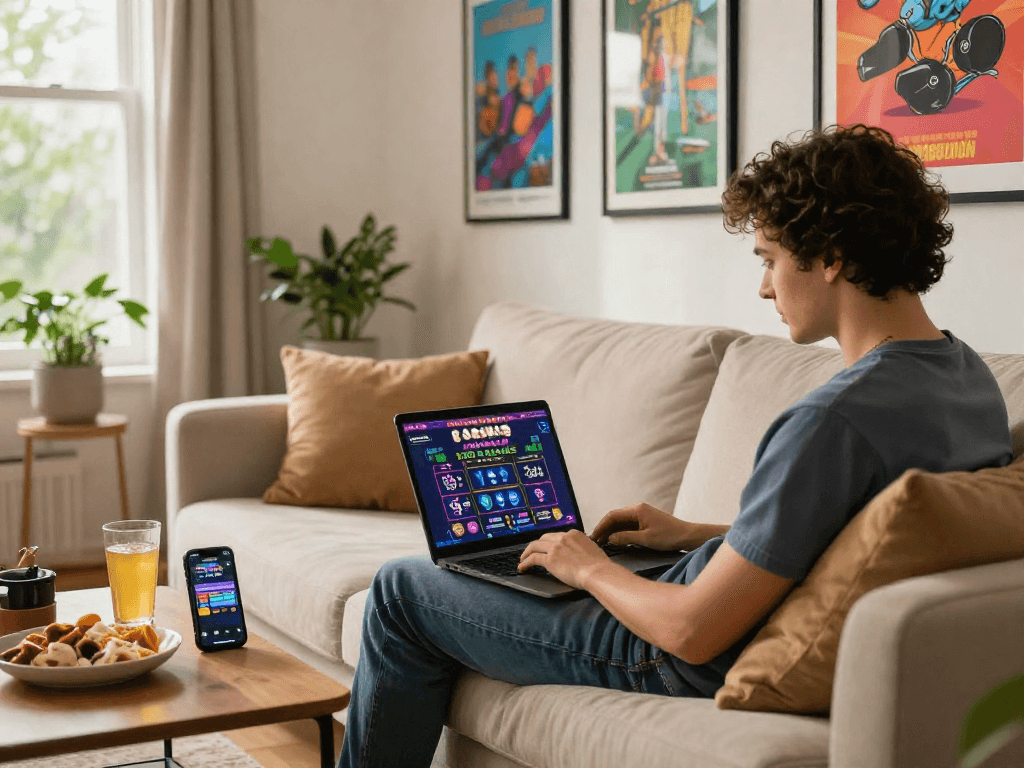 Individual browsing the best USA online casinos for UK players on a laptop at home, featuring a cozy living room.