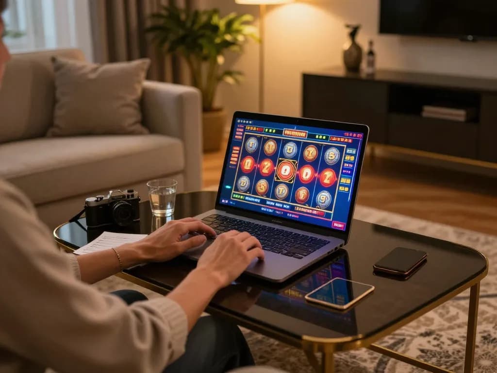 Play exciting casino games on god55 using laptop at home, creating a cozy gaming atmosphere.