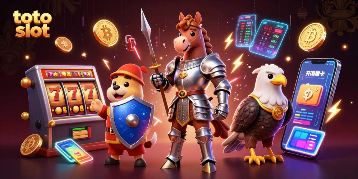 Experience thrilling action in toto slot with cartoon characters amid vibrant casino elements.