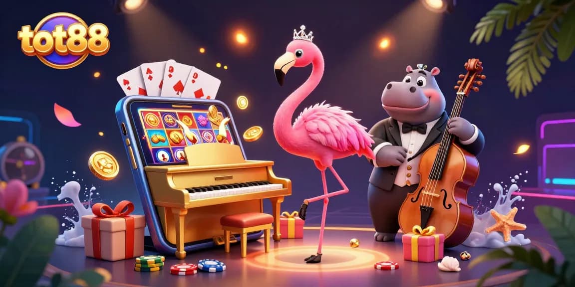 tot88 offers a vibrant casino scene with a flamingo singer and hippo bassist, celebrating slots.