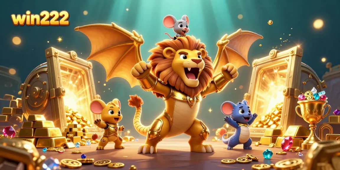 win222's exciting 3D casino illustration showcases a chimera and mouse amidst gold treasures and gaming elements.