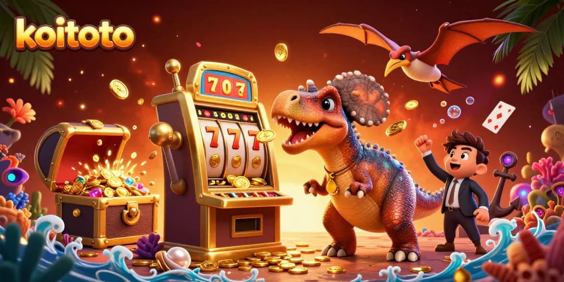 Koitoto offers an exciting gaming experience as a pachycephalosaurus interacts with a jackpot slot machine amidst coins and vibrant elements.