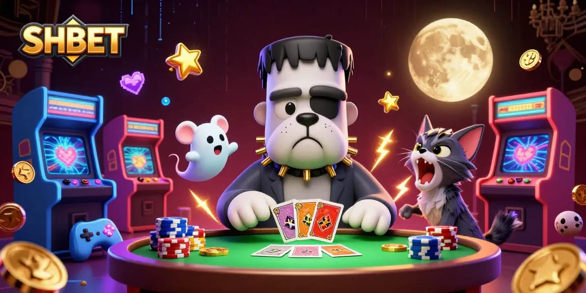 SHBET features a vibrant 3D casino scene with a bulldog dealer and a ghost mouse amidst glowing arcade machines.