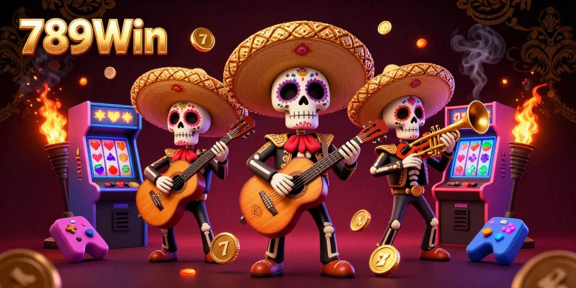 Engage in thrilling gambling at 789Win with a lively Day of the Dead casino scene.