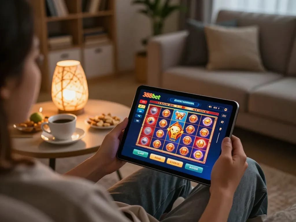 Engaging with 388bet online casino on a tablet in a cozy living room.
