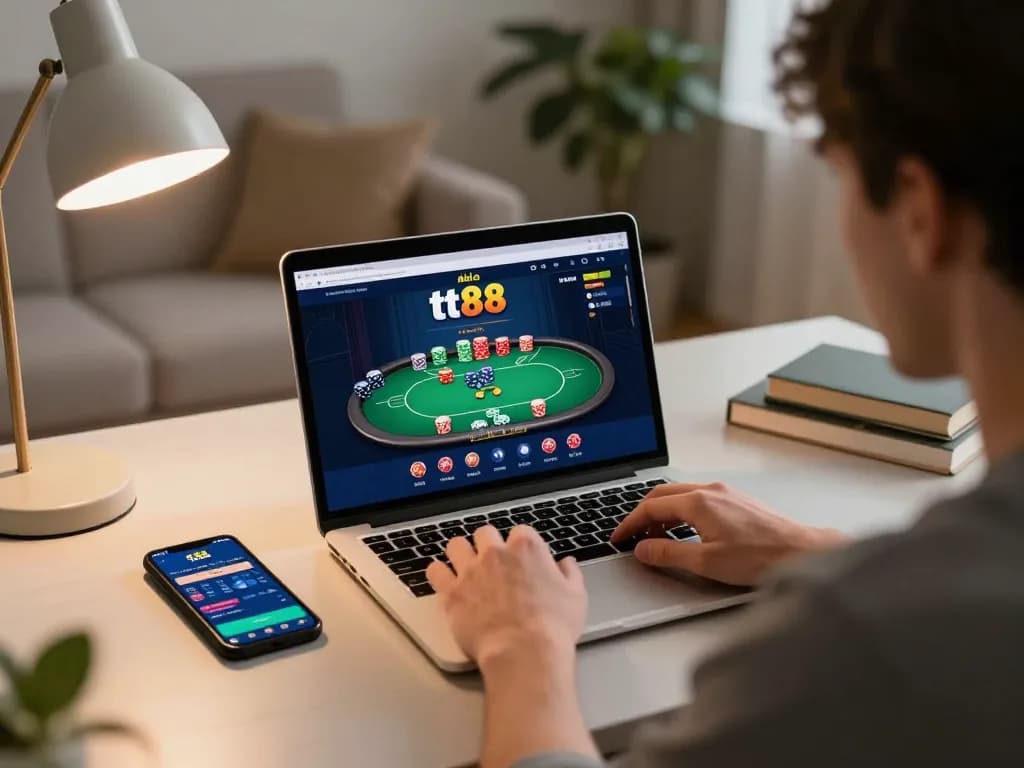 A player engaging with nhà cái tt88 poker game on a laptop in a cozy home office.