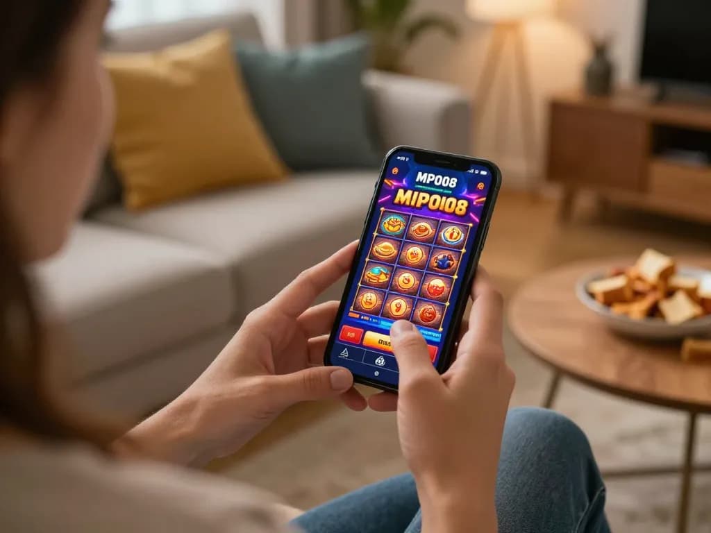 MPO08 user interacts with the mobile gaming app, enjoying a vibrant casino experience in a cozy home setting.