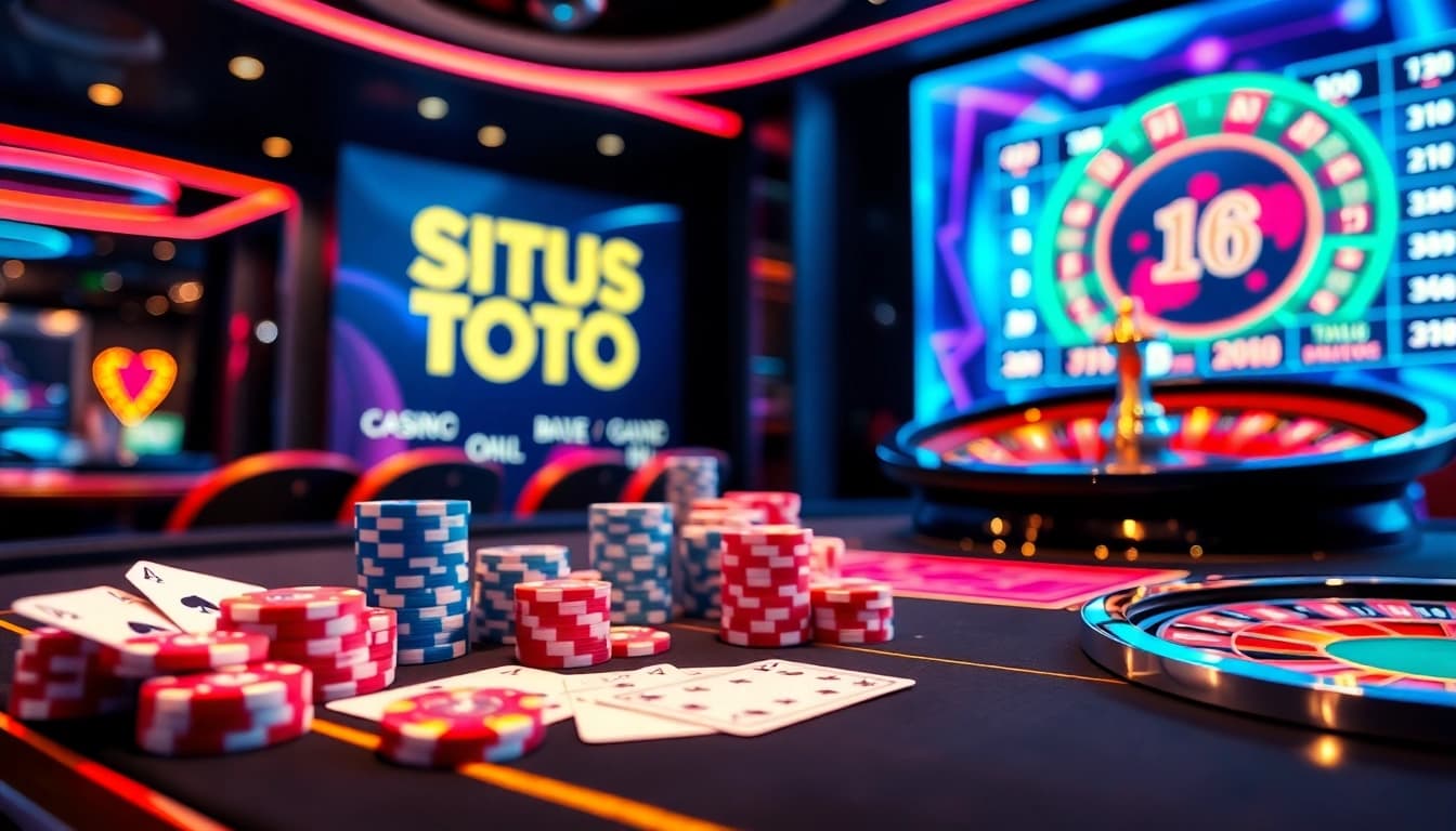 Engaging gambling scene showcasing situs toto with cards, chips, and roulette wheel.
