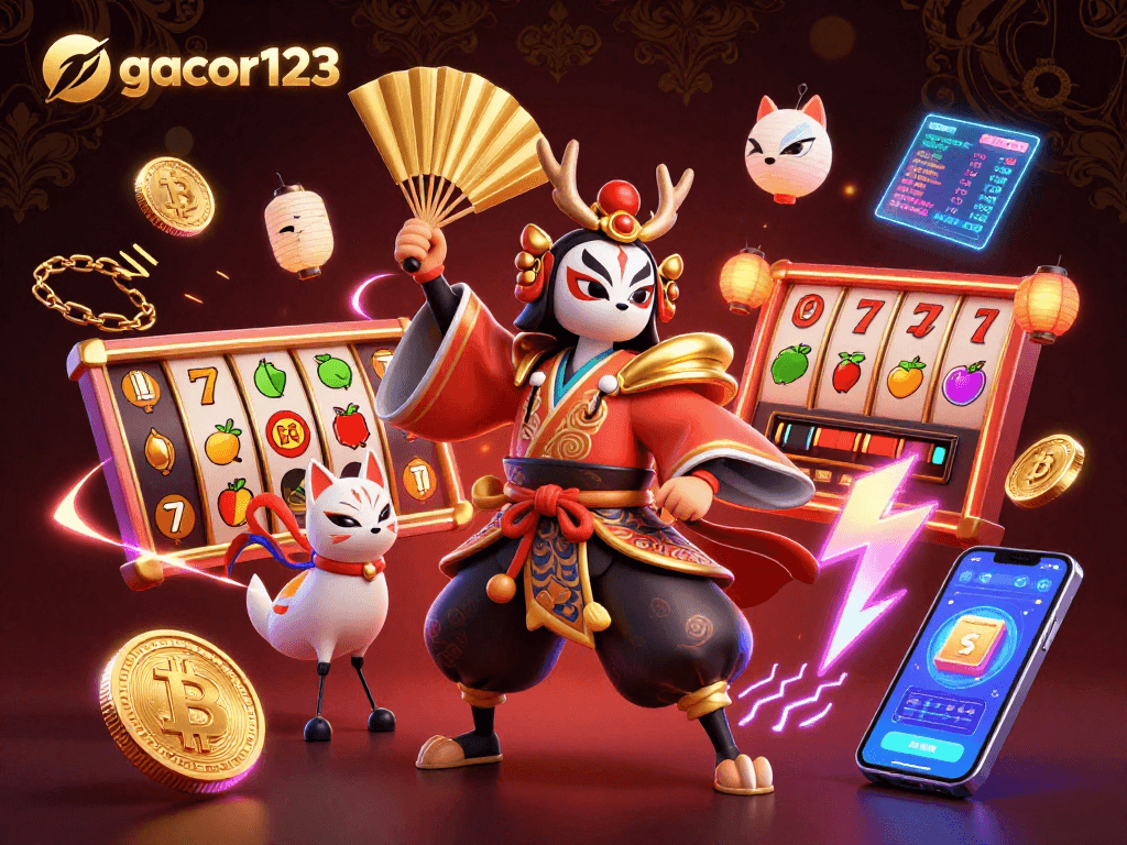 Experience thrilling wins with gacor123, a vibrant 3D scene showcasing dynamic slot game elements and crypto coins.