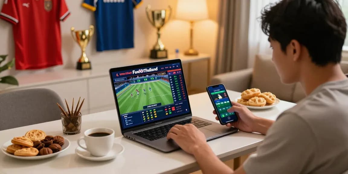 Fun88Thailand online betting experience with Thai bettor engaging on laptop and mobile, surrounded by sports memorabilia.