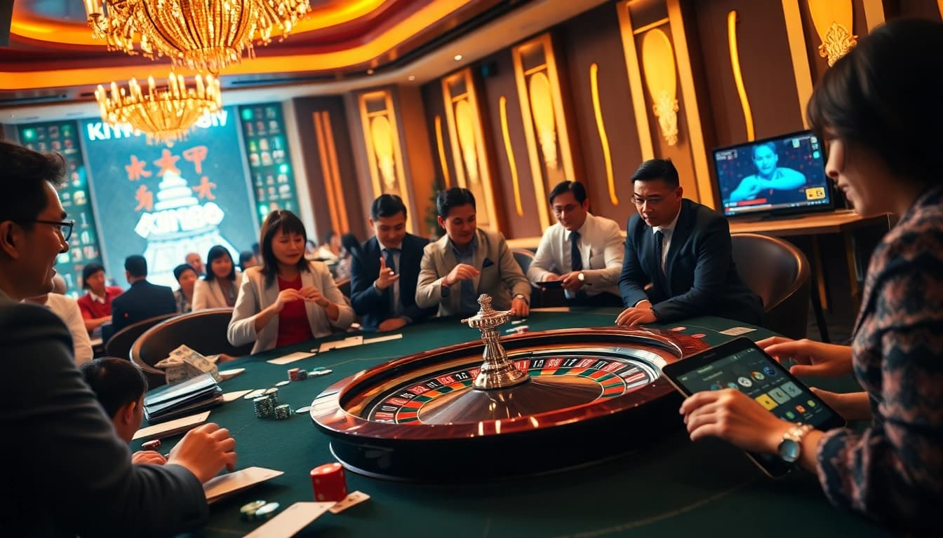 Players engaging at a casino table featuring Xin88's vibrant online gambling experience with cards and chips.