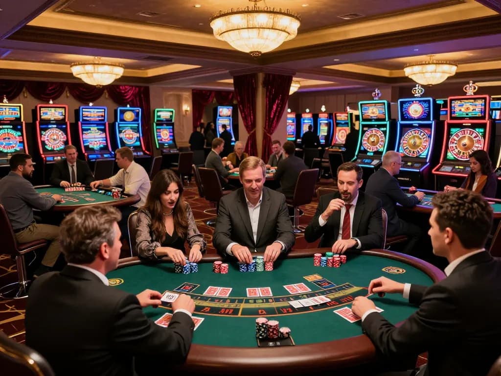 g28tv players engaging in a thrilling blackjack game at a luxurious casino with chips and cards laid out
