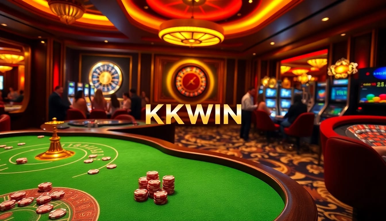 Kkwin logo showcased in an elegant casino setting with active players and vibrant gaming elements.