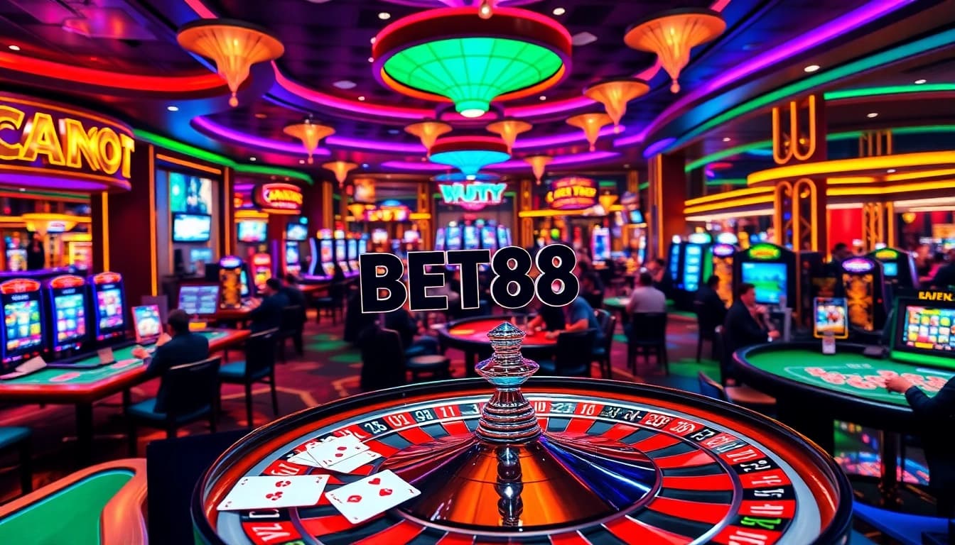 Experience vibrant gambling excitement at BET88 with a luxurious casino scene featuring roulette and poker chips.