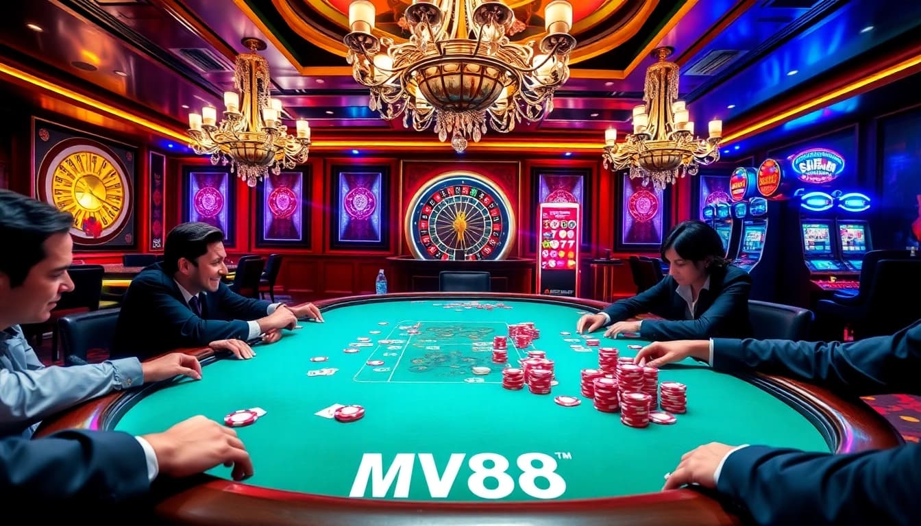 Players immerse themselves in a thrilling poker game at MV88 casino, surrounded by vibrant gambling elements.