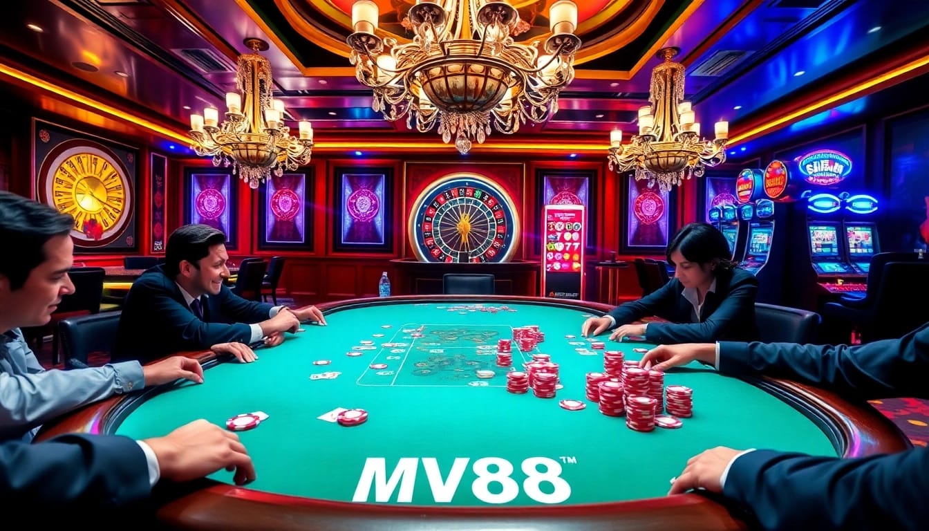 Players immerse themselves in a thrilling poker game at MV88 casino, surrounded by vibrant gambling elements.