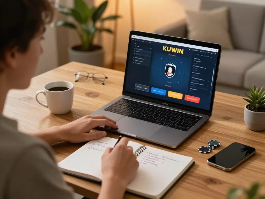 Player analyzing strategies and placing bets on KUWIN’s poker game interface at home