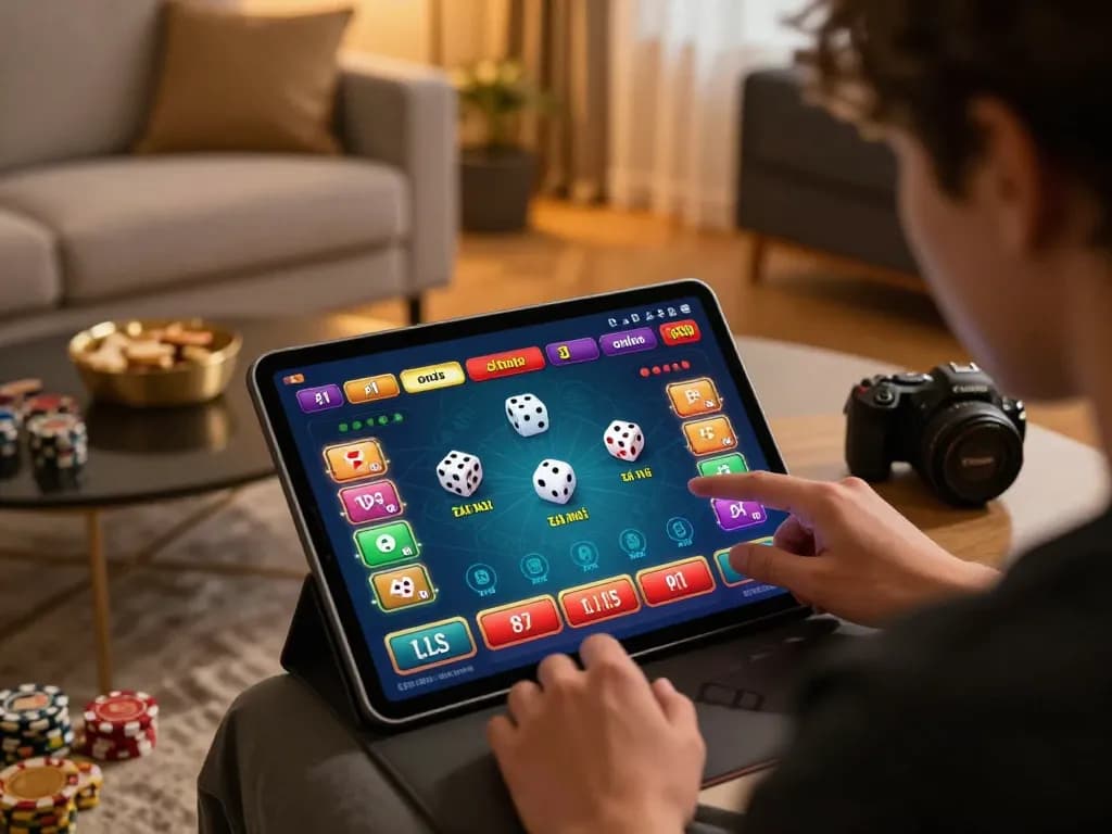 Engaging in app tài xỉu online with a tablet displaying exciting game options and strategies at home.