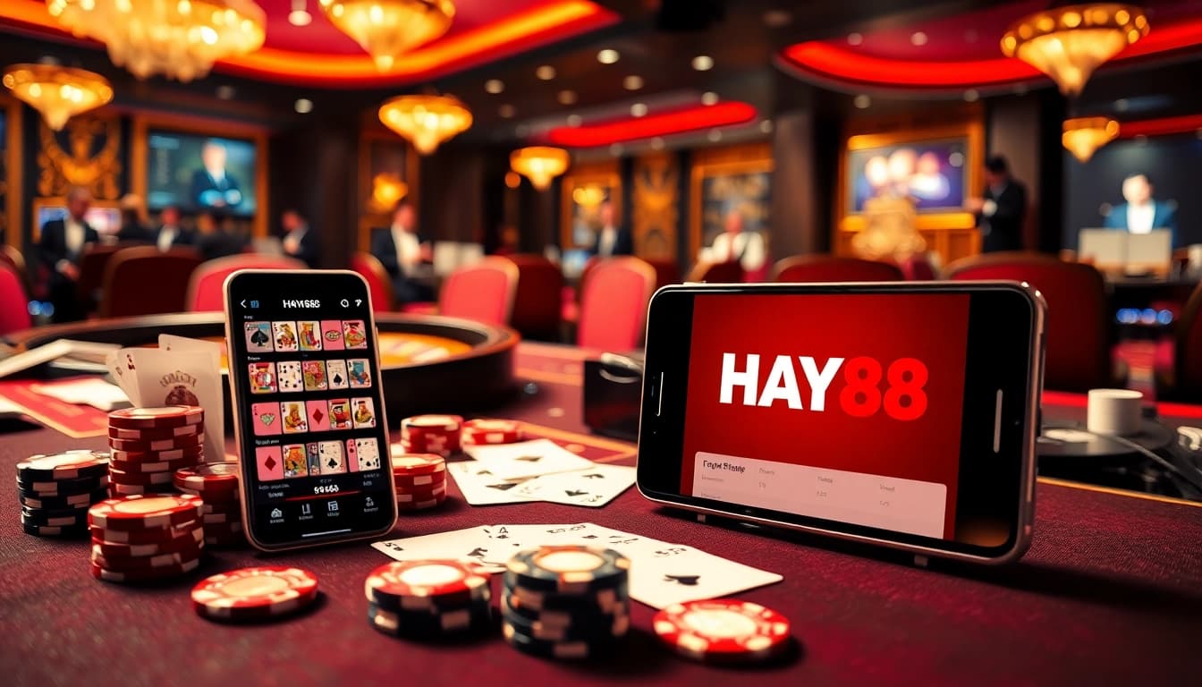 HAY88 offers a vibrant online gambling experience with poker chips and casino tables.