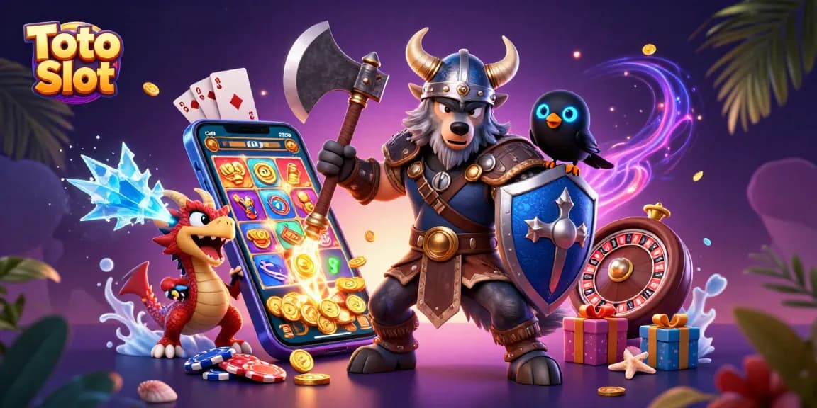Toto Slot immersive cartoon scene with a Viking wolf, dragon, and raven, surrounded by dynamic gaming elements.