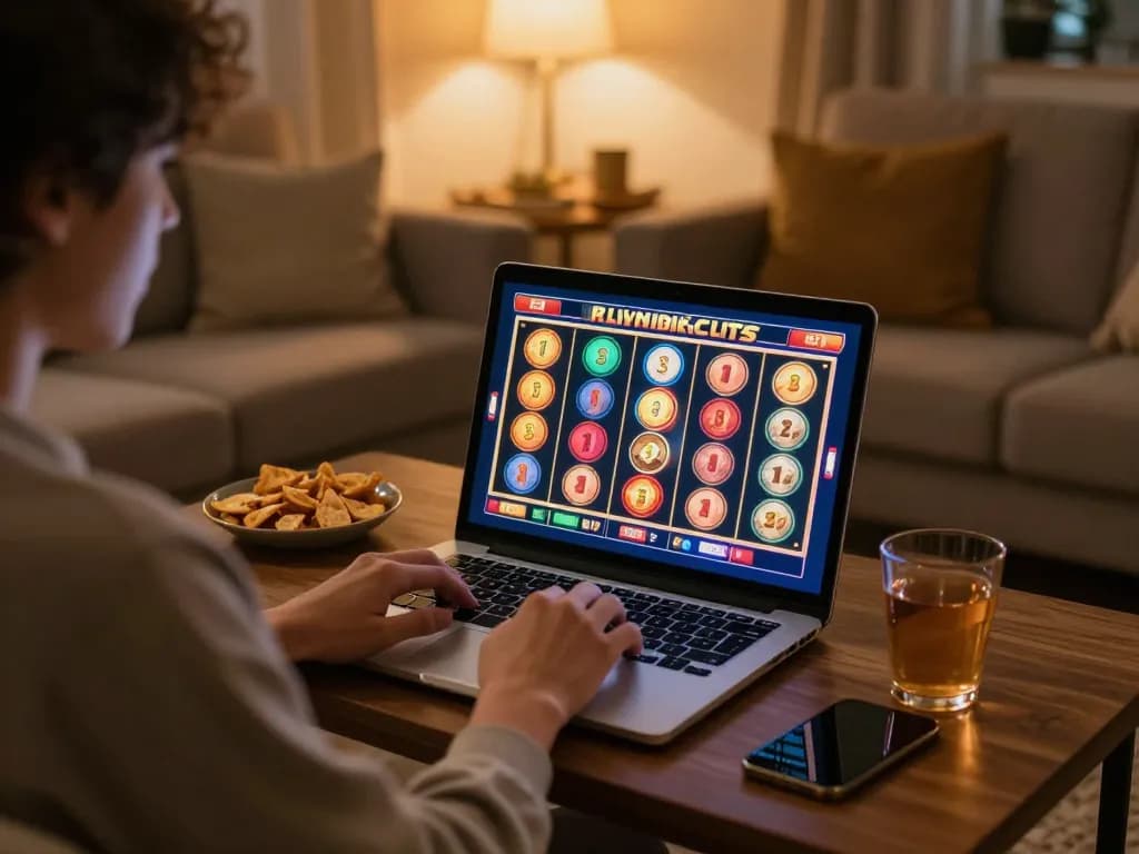 Engaged player enjoying LGOSUPER online slots from cozy home setup, showcasing vibrant gaming excitement.