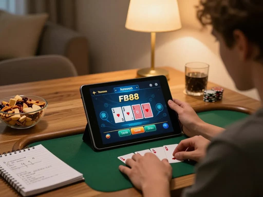 Engaging session on FB88's online blackjack game, showcasing user interaction and a cozy home atmosphere.