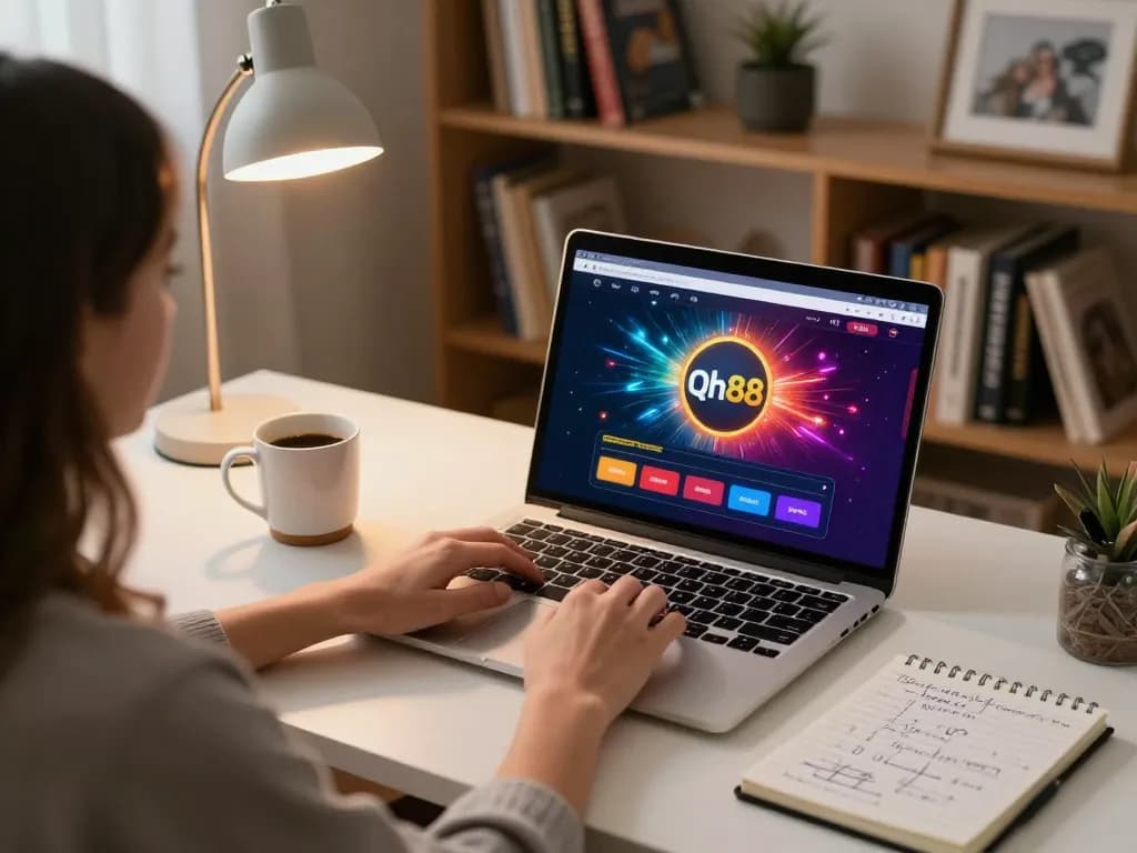 Engaging in Qh88 đăng nhập on a laptop, showcasing interactive online casino gameplay in a cozy home setup.