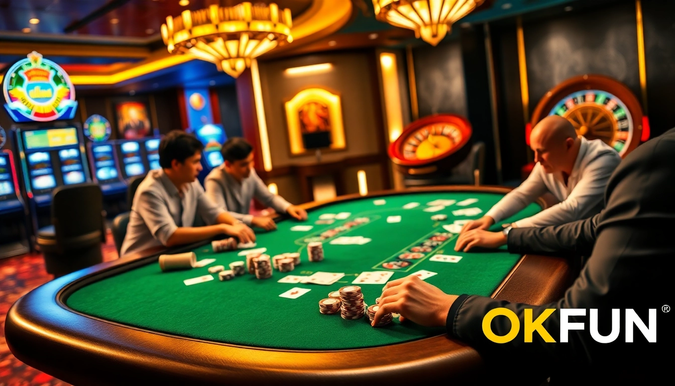 Players enjoying an exciting poker game at an OKFUN casino table surrounded by vibrant slot machines.