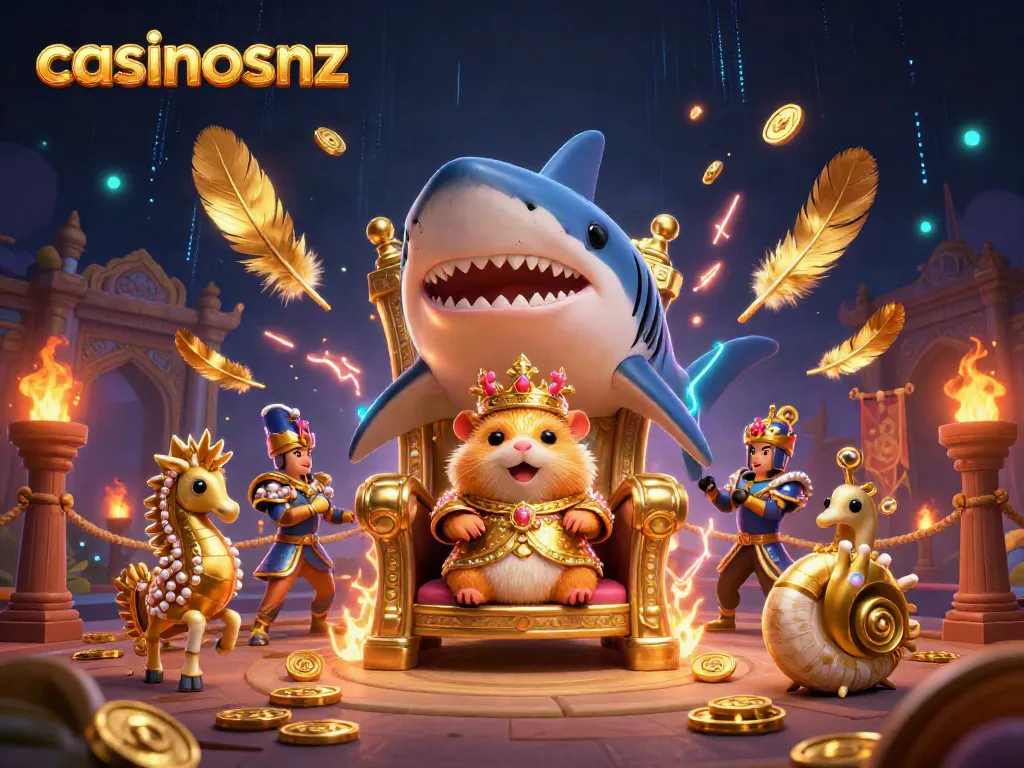Engage with casinosnz featuring a golden hamster king on a megalodon throne amidst dynamic gaming elements.