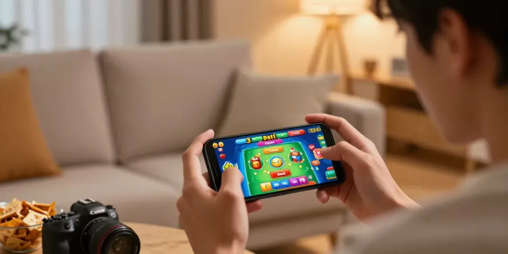 Engaging player using 3 Patti No1 app in a cozy home setting.