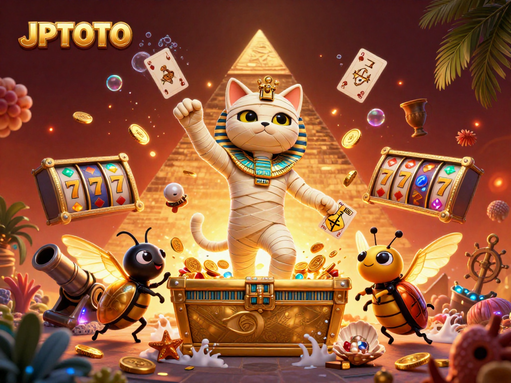 Experience the thrill of JPTOTO with the iconic Egyptian mummy cat and vibrant casino elements.