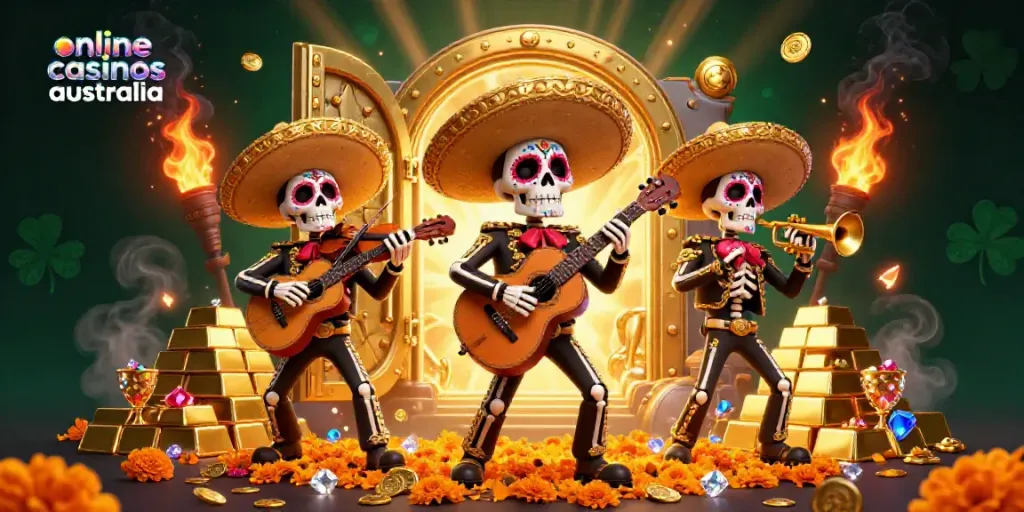 Experience vibrant energy with the Day of the Dead mariachi band celebrating at online casinos australia, amidst treasure and jewels.