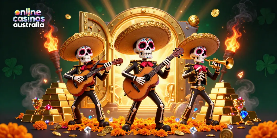 Experience vibrant energy with the Day of the Dead mariachi band celebrating at online casinos australia, amidst treasure and jewels.