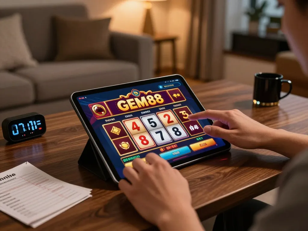 Engaged user exploring GEM88 online casino options on a stylish tablet, focusing on responsible gaming.