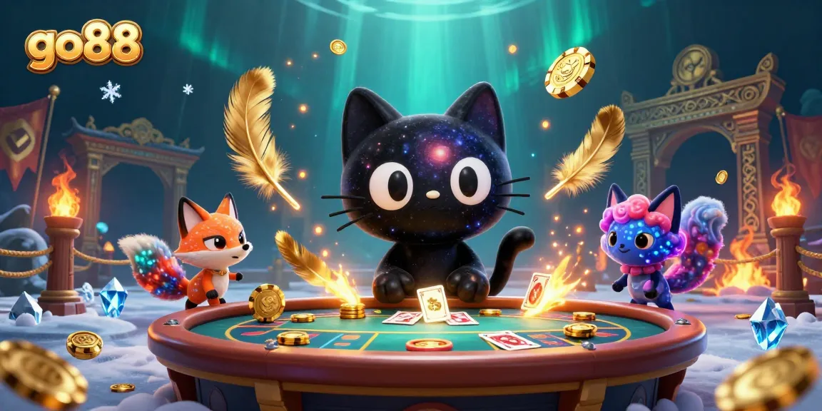 Experience go88's cosmic casino with a black hole cat attracting chips and vibrant elements.