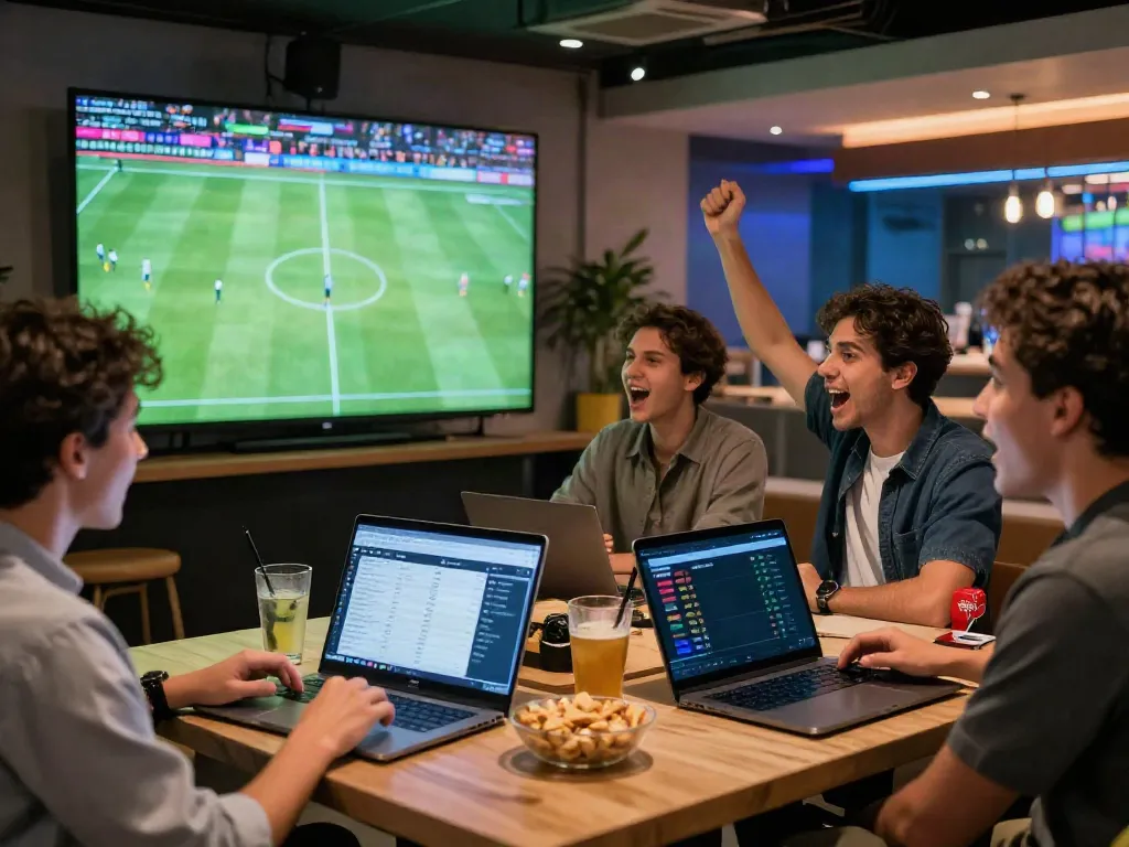 Friends cheering at a sports lounge while exploring WWBOLA betting odds.