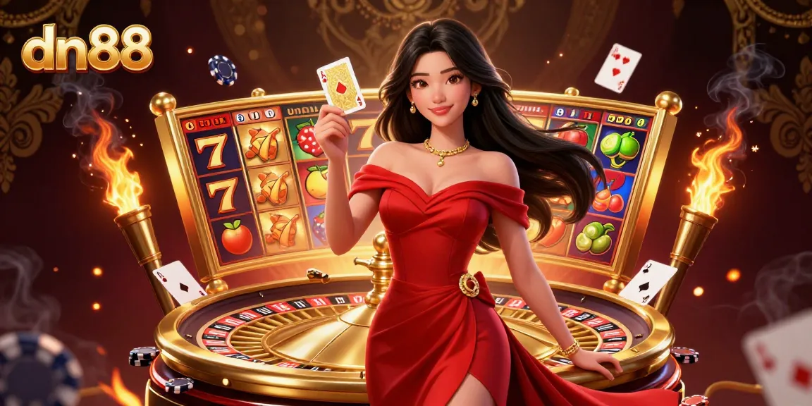 Experience thrilling gameplay at dn88 with a stunning Asian woman flaunting a golden playing card beside a vibrant roulette.