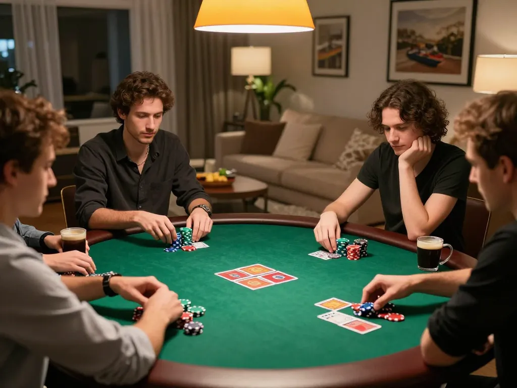 sin88 players engaged in high-stakes poker at home, strategizing and enjoying a fun gaming night.