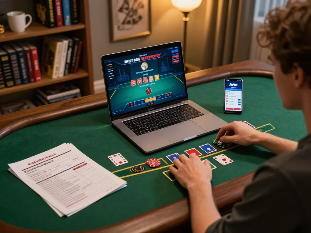 Iwin online gaming setup with live dealer blackjack action on laptop, person reviewing strategy notes.