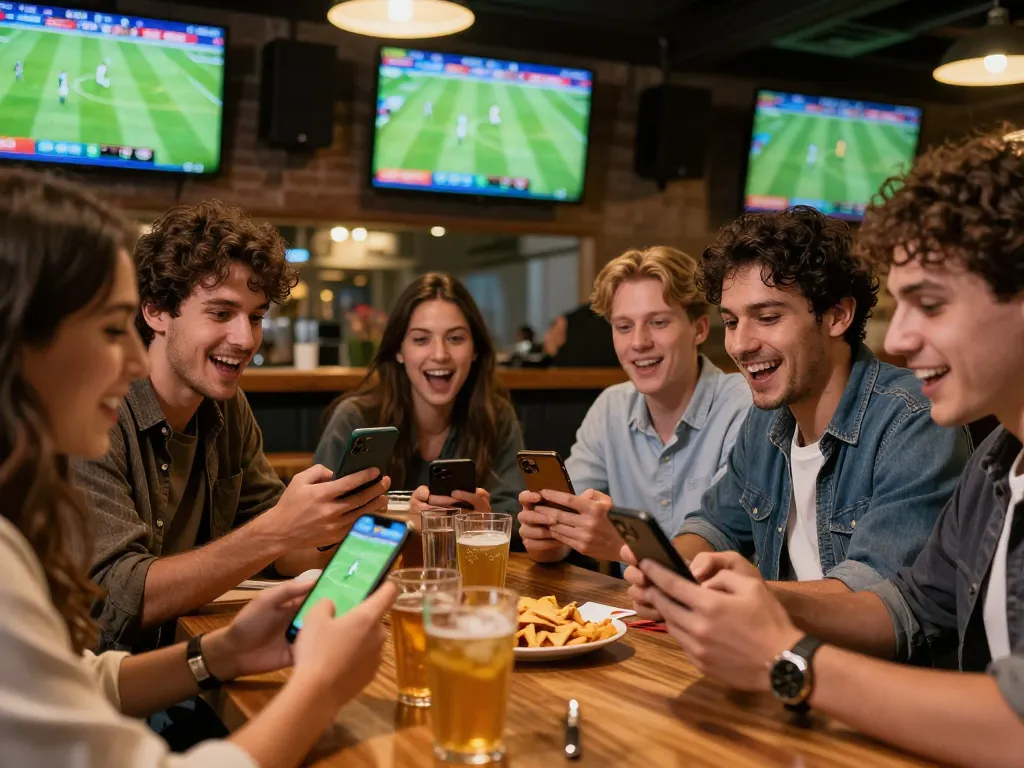 Friends engaging in sports betting using their smartphones while watching the game, showcasing ty le keo nha cai activity.