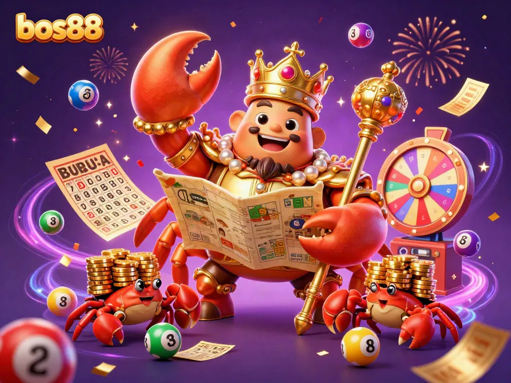 Experience the excitement of bos88 with a vibrant illustration of a golden crab emperor, colorful lottery elements, and dynamic casino action.