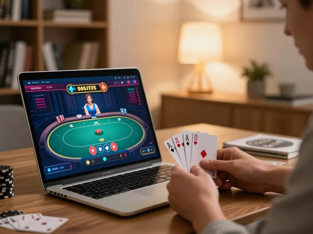 77WIN players engaging with an online poker game on a laptop, showcasing strategic gameplay at home.